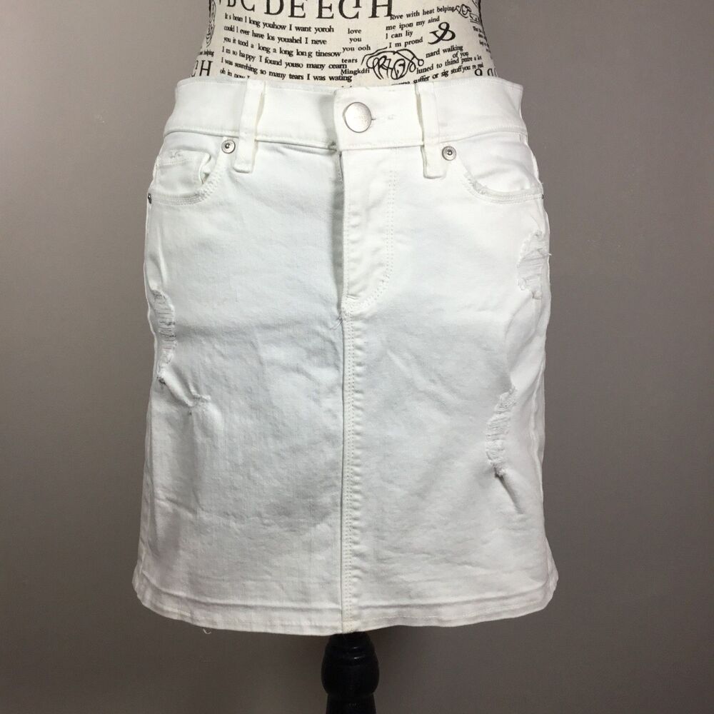 Cotton blend bright white distressed mini denim skirt waist 28" sz 24/00